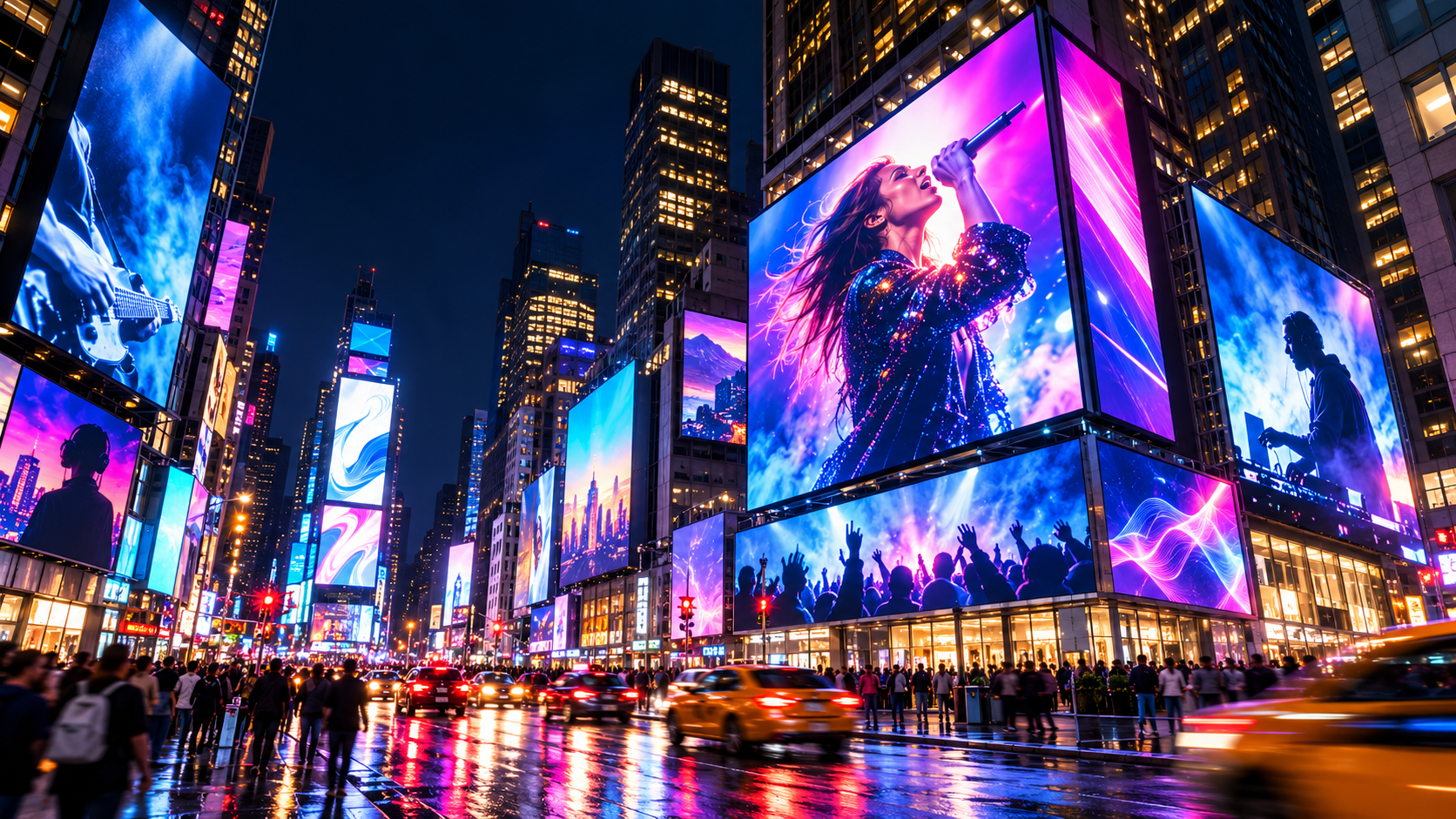 Times Square de noche con grandes pantallas publicitarias iluminadas sobre el tráfico