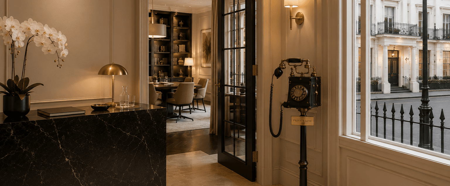 Interior elegante con un teléfono clásico junto a una ventana con vistas a la ciudad