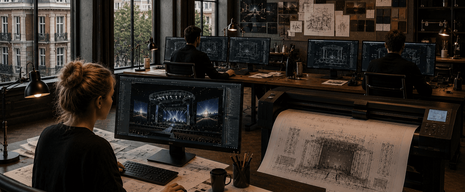 Designer vid en arbetsplats med flera skärmar och produktionsplaner