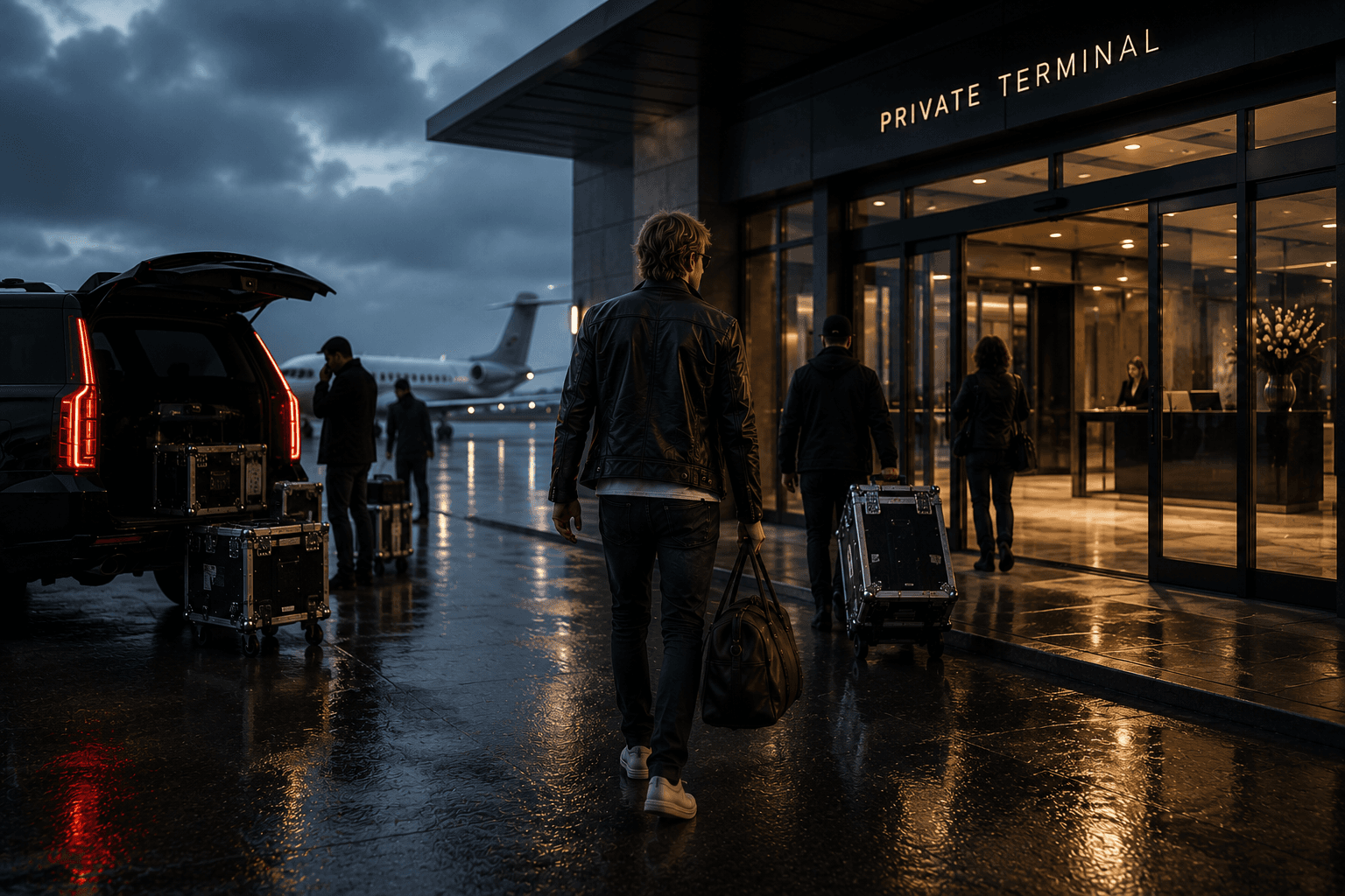 Cajas de road y equipo de gira frente a una terminal privada