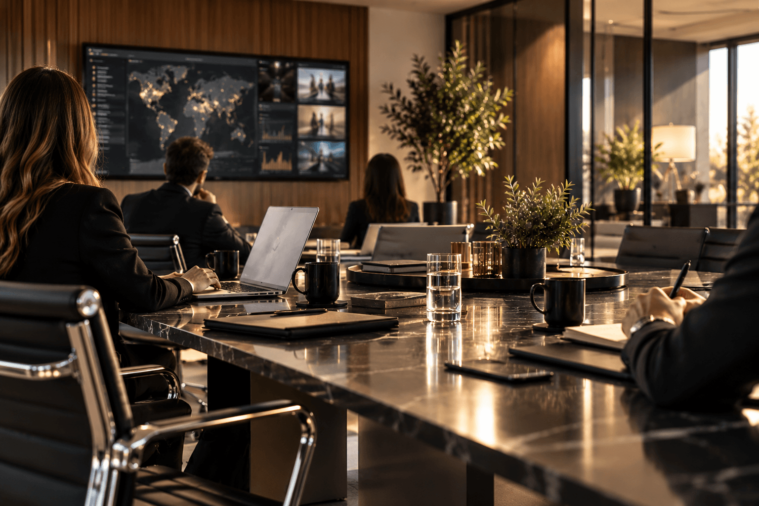 Music industry professionals in a strategy meeting, photographed from behind
