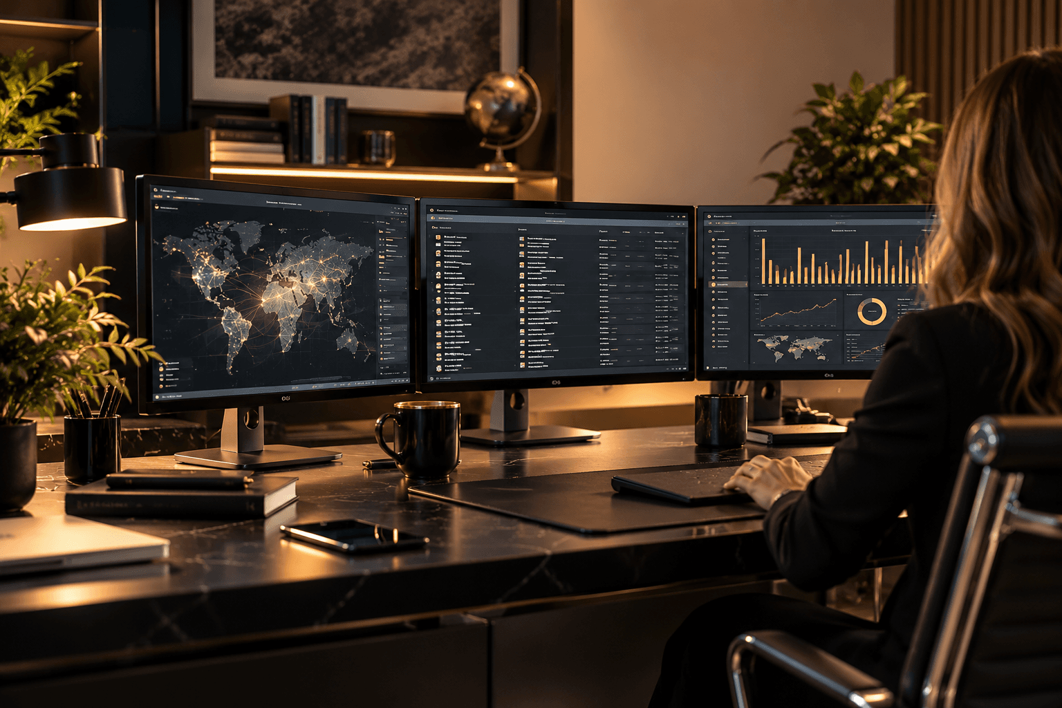 AI-assisted international music promotion research at a three-monitor workstation