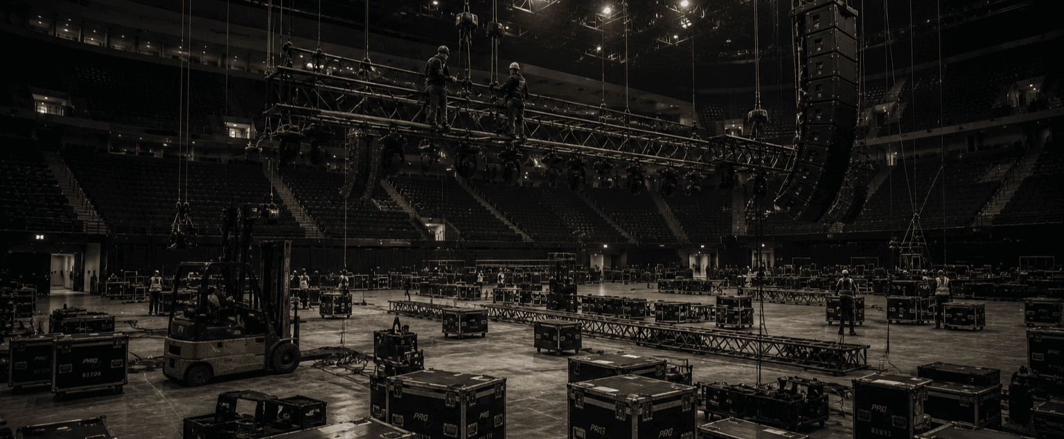 Festivaluppbyggnad i en tom arena med roadcases och scenrigg