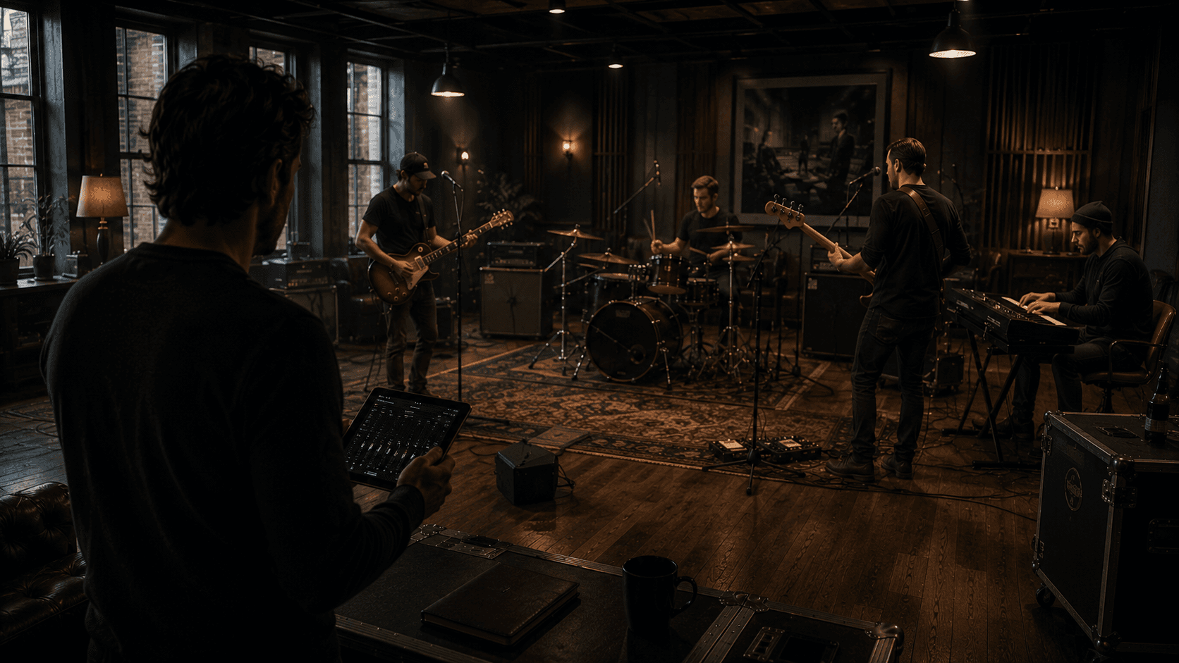 Band som repeterar i ett mörkt studiohus