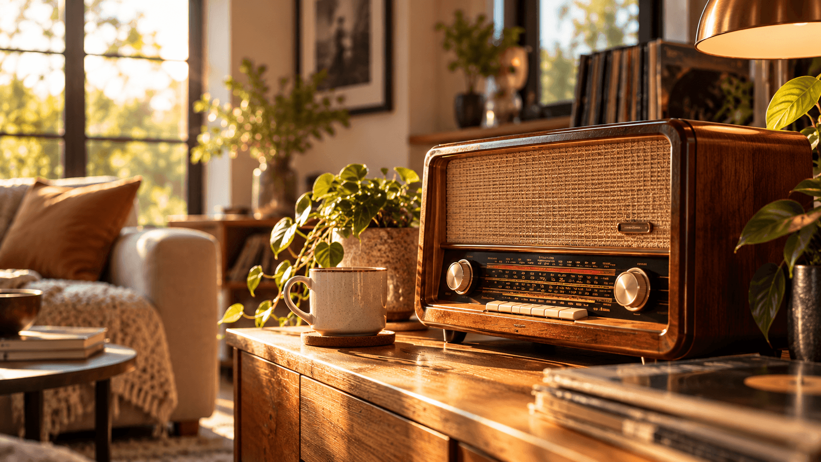 Radio clásica de madera sobre un mueble en un salón soleado