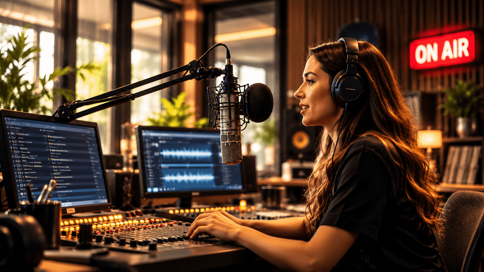 Presentadora de radio con auriculares hablando por un micrófono de emisión de estudio