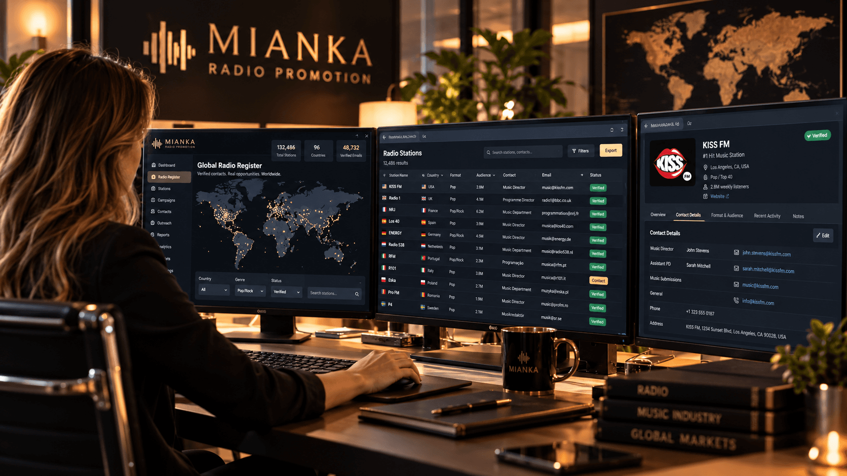 MIANKA Radio Registry mostrado en tres pantallas de estudio con contactos de emisoras verificados y un mapa mundial